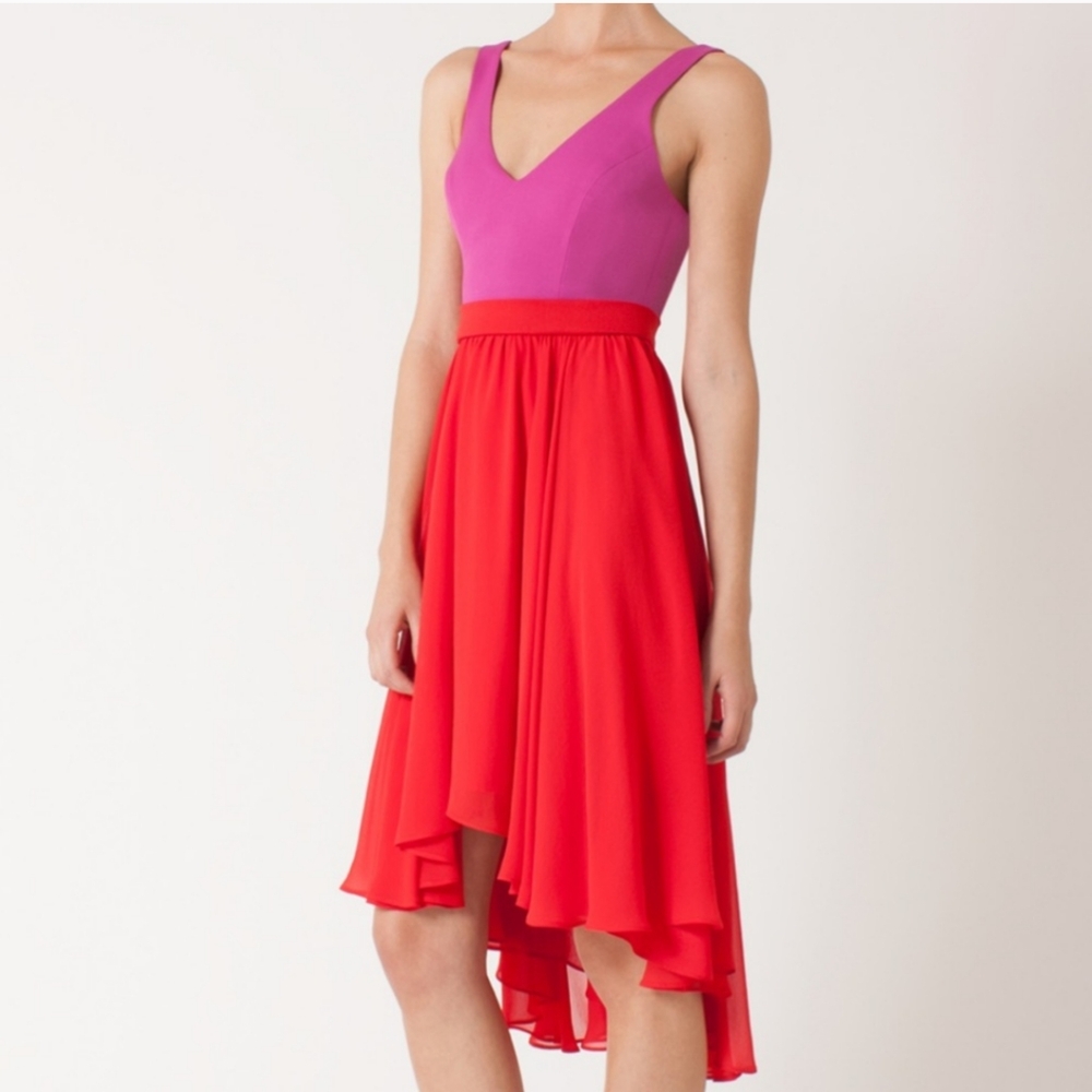 Black Halo Hot Pink  Orange Midi/Knee High Low Dress New Tags Stunning Sz 10 USA